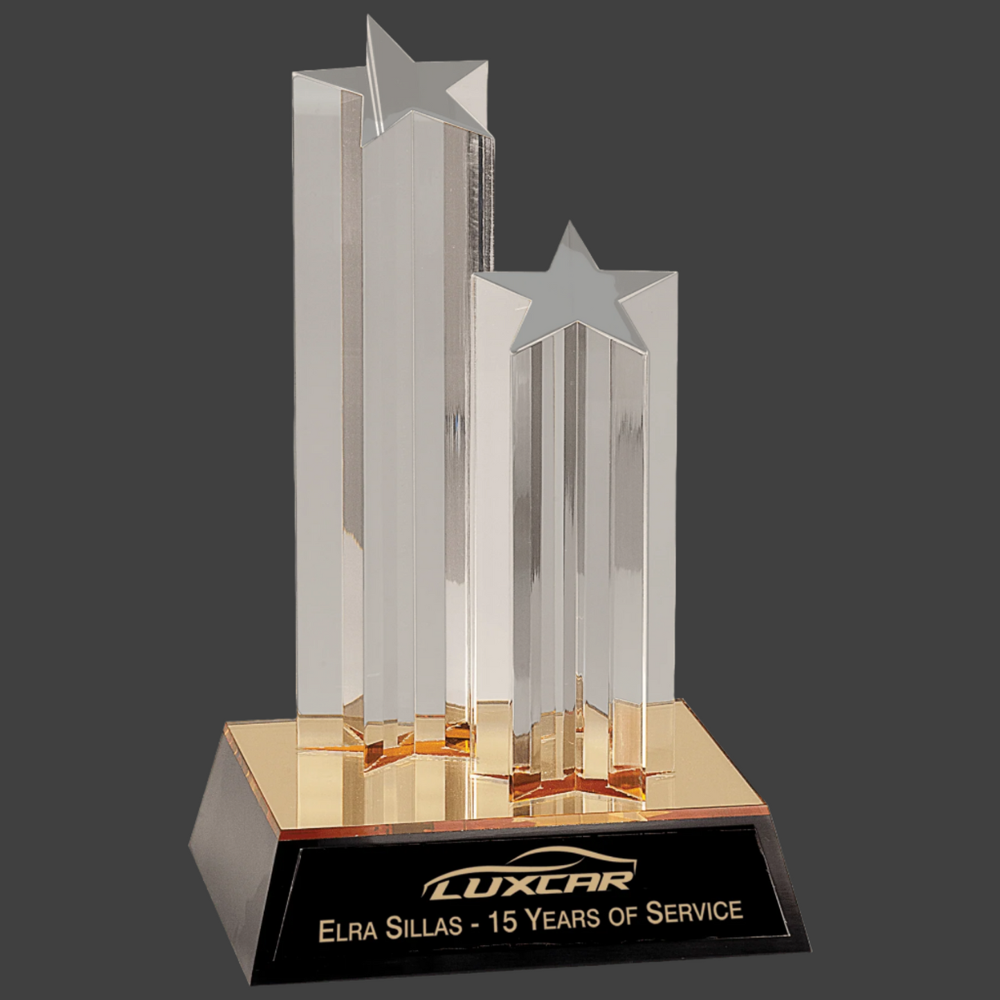 Clear Double Star Column Acrylic with Gold/Black Base 9.5"