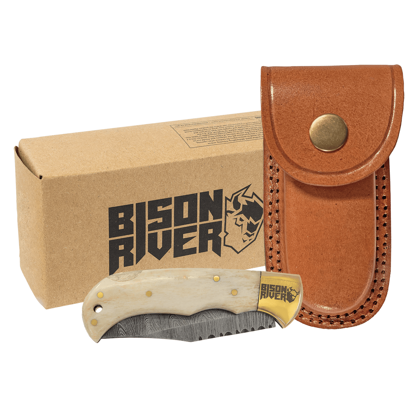 Bison River 3.75" Bone Folding Knife with Damascus Steel Blade and Leather Sheath