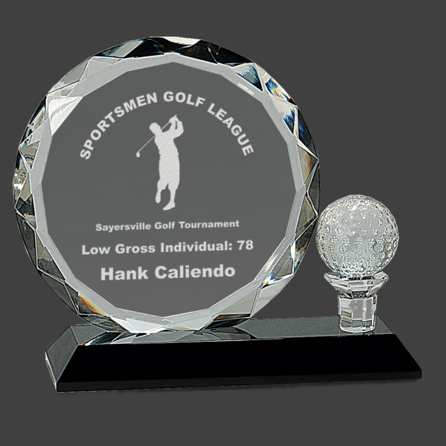 Round Facet Crystal with Golf Ball On Black Pedestal Base