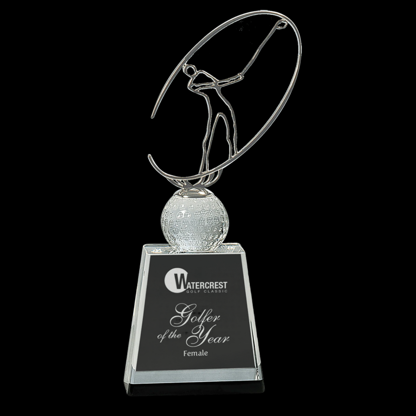 Clear/Black Crystal Golf Award with Silver Metal Oval Figure