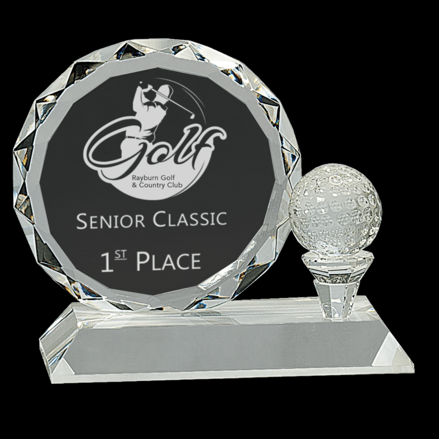 5.25" Round Facet Crystal with Golf Ball On Clear Pedestal Base