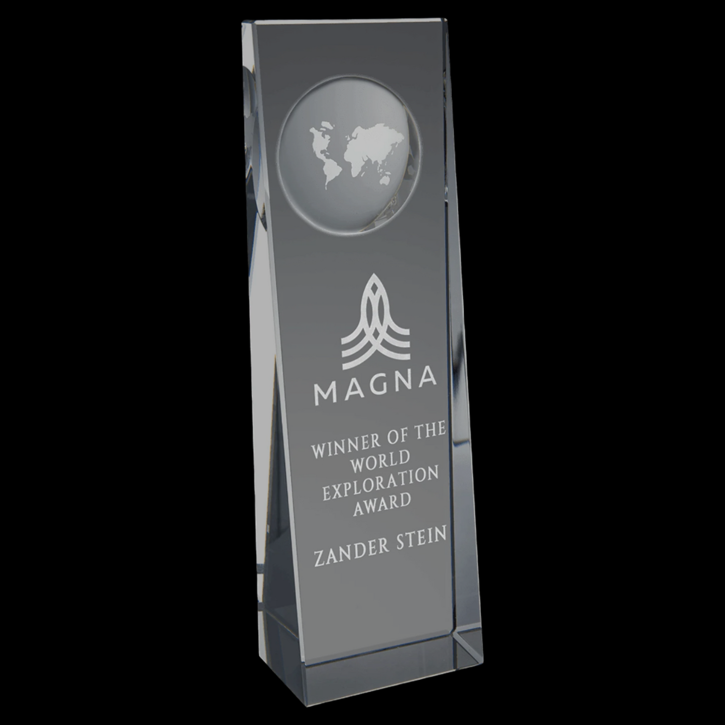 2.75" x 8.75" Clear Crystal Slant Front Rectangle with Engraved Globe