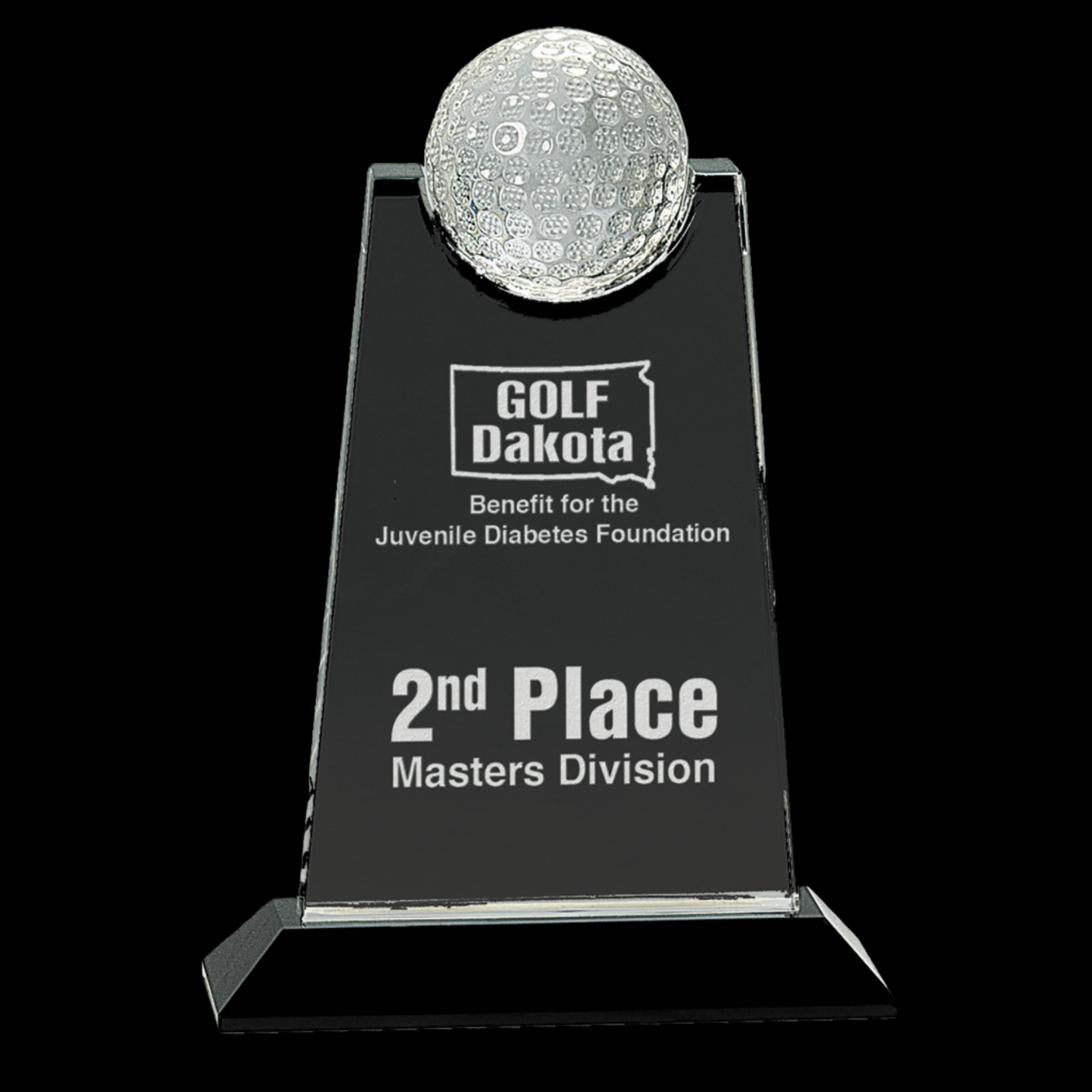 9" Clear Crystal Tablet with Inset Golf Ball On Black Pedestal Base