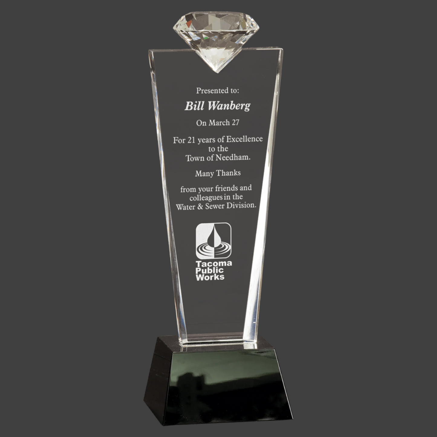 11" Crystal Diamond Top Award On Black Pedestal Base