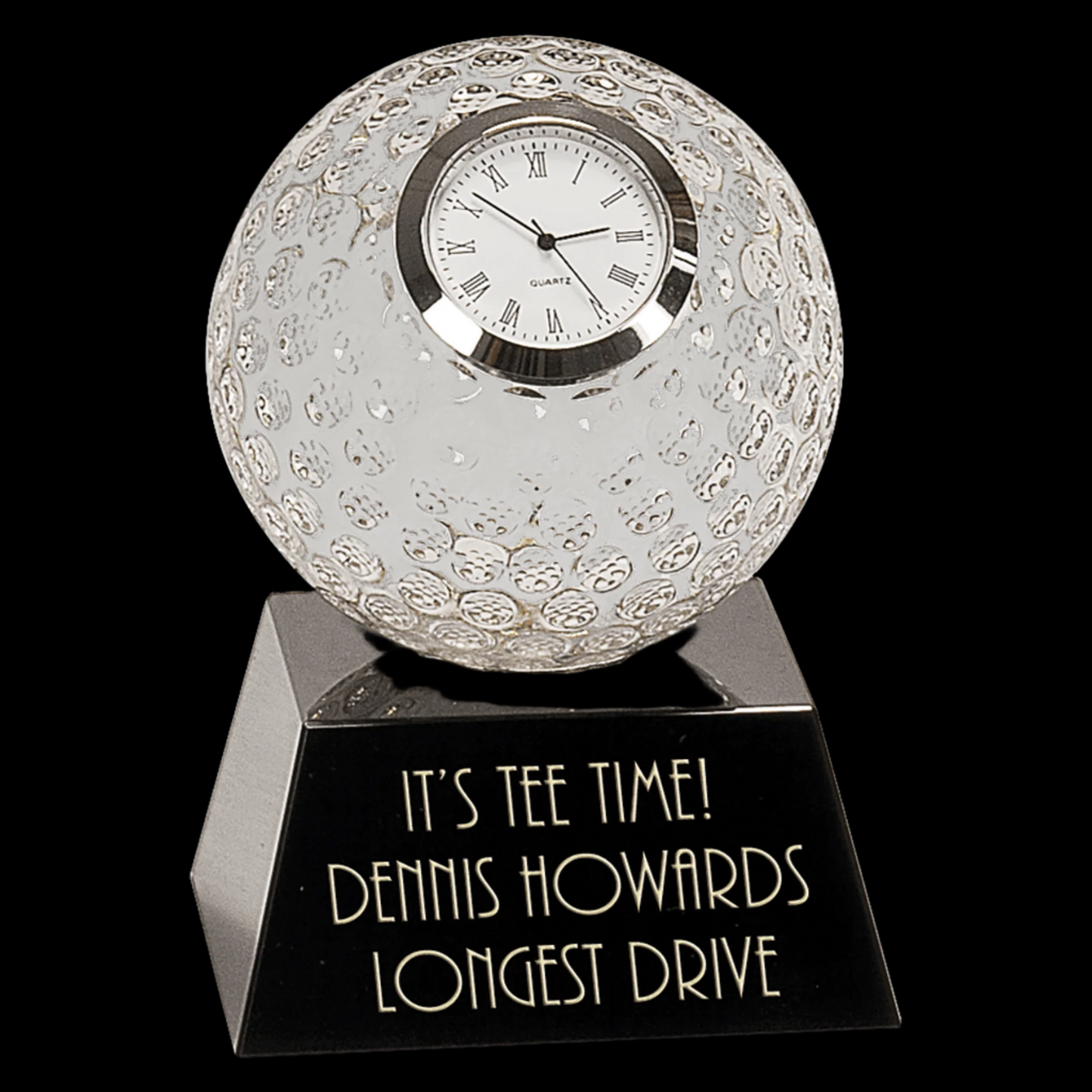 5" Clear Crystal Golf Ball Clock with Black Pedestal Base