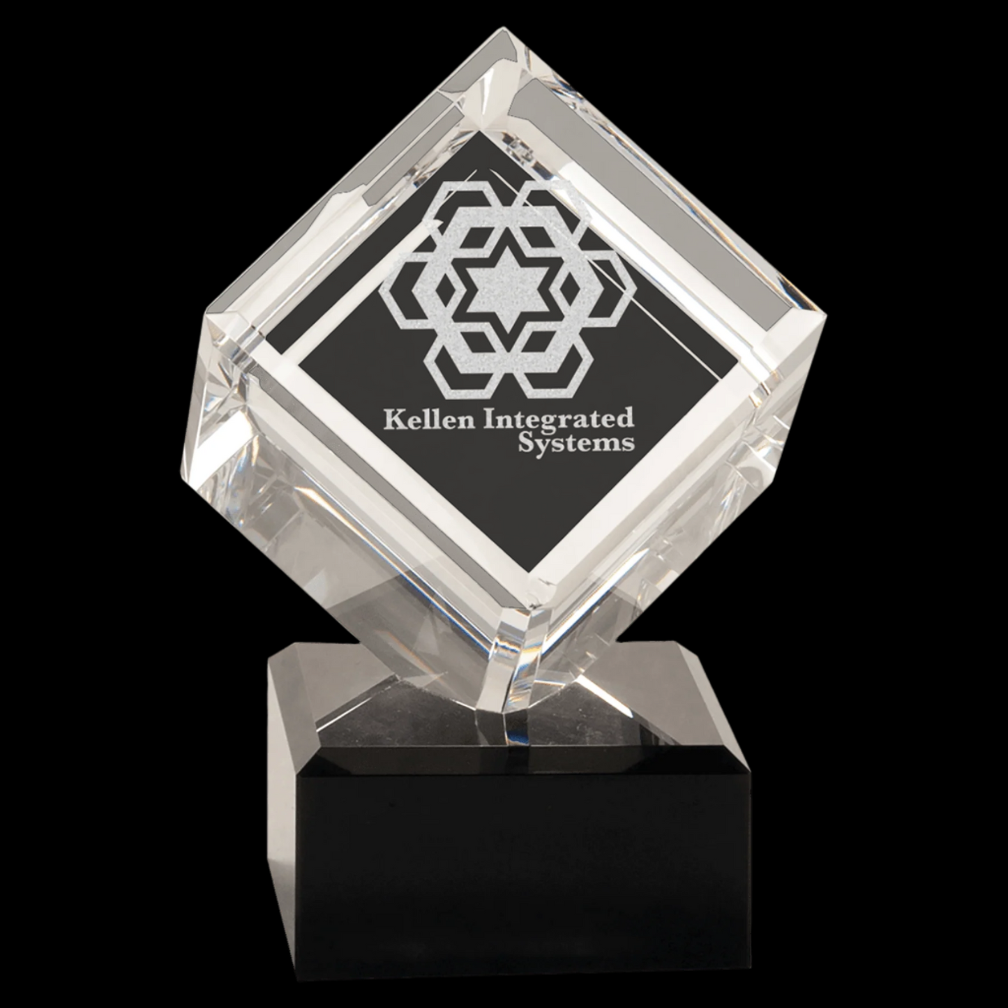 Clear Crystal Cube On Black Pedestal Base