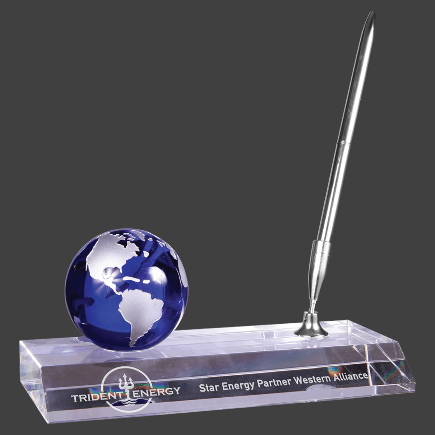 7" x 3" Blue Crystal Globe On Clear Base with Pen