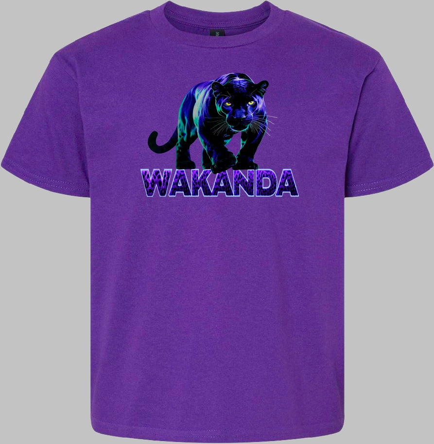 Purple t-shirt with a black panther graphic and 'Wakanda' text on a gray background