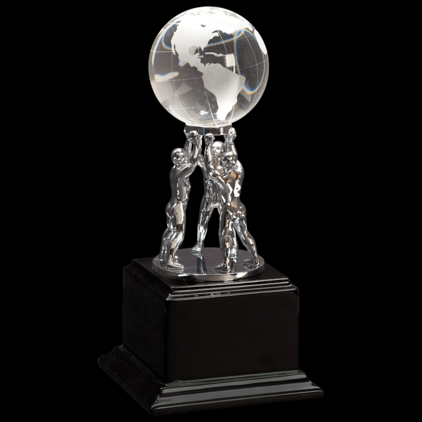 10" Clear Crystal Globe with Silver Men/Stand On Black Piano Finish Base