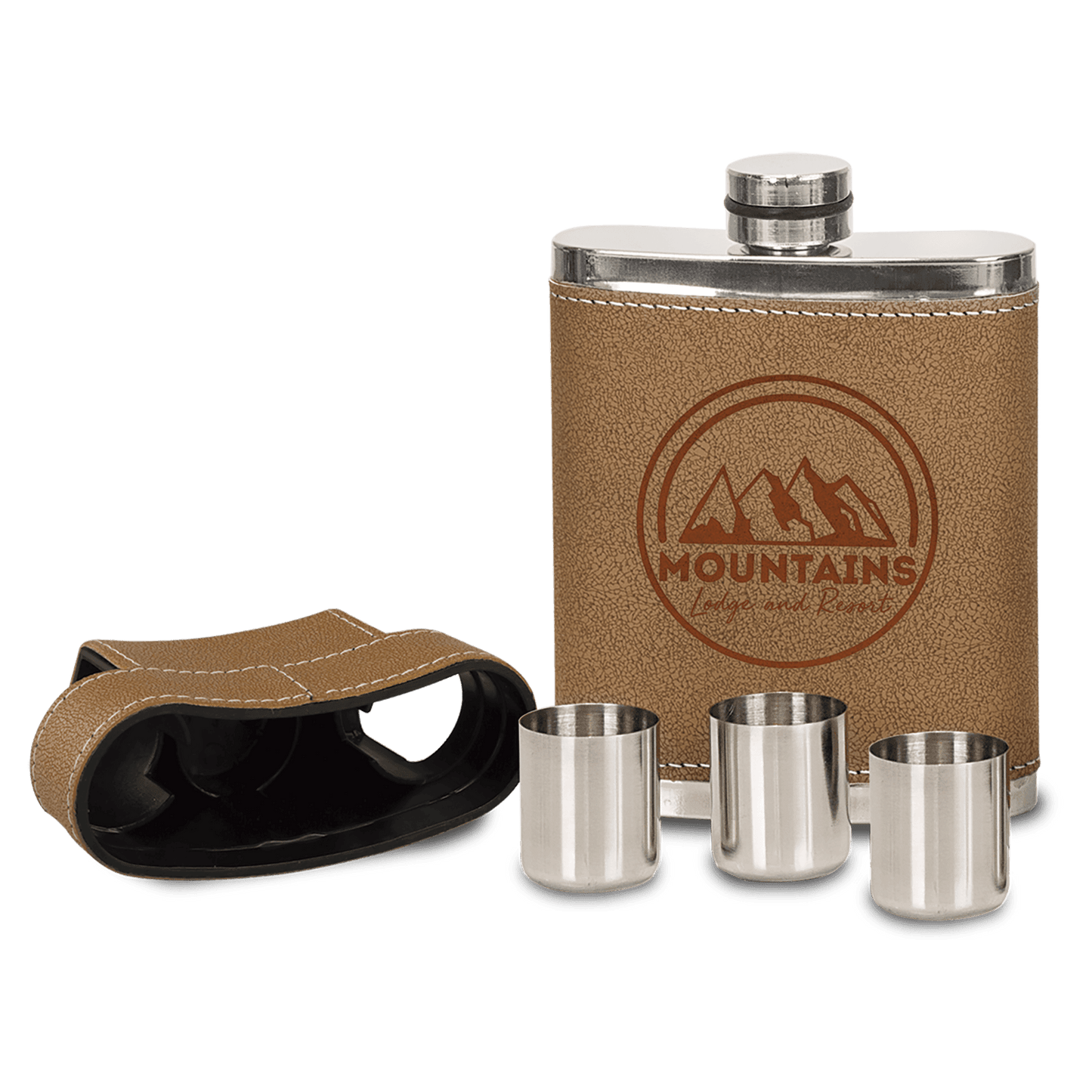 7 oz. Leather Flask with Lid & 3 Shot Glasses