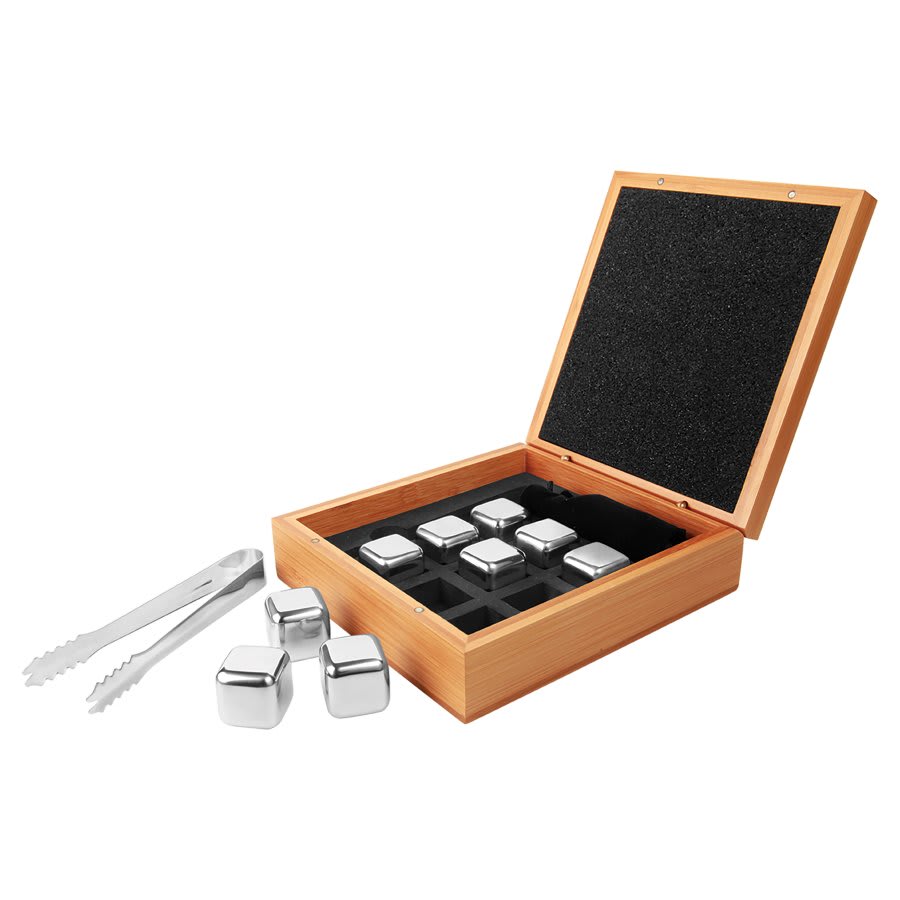 Stainless Steel Whiskey Stone Set In Bamboo Case