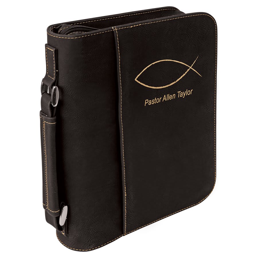 Black/Gold Leatherette Book/Bible Cover with Handle & Zipper