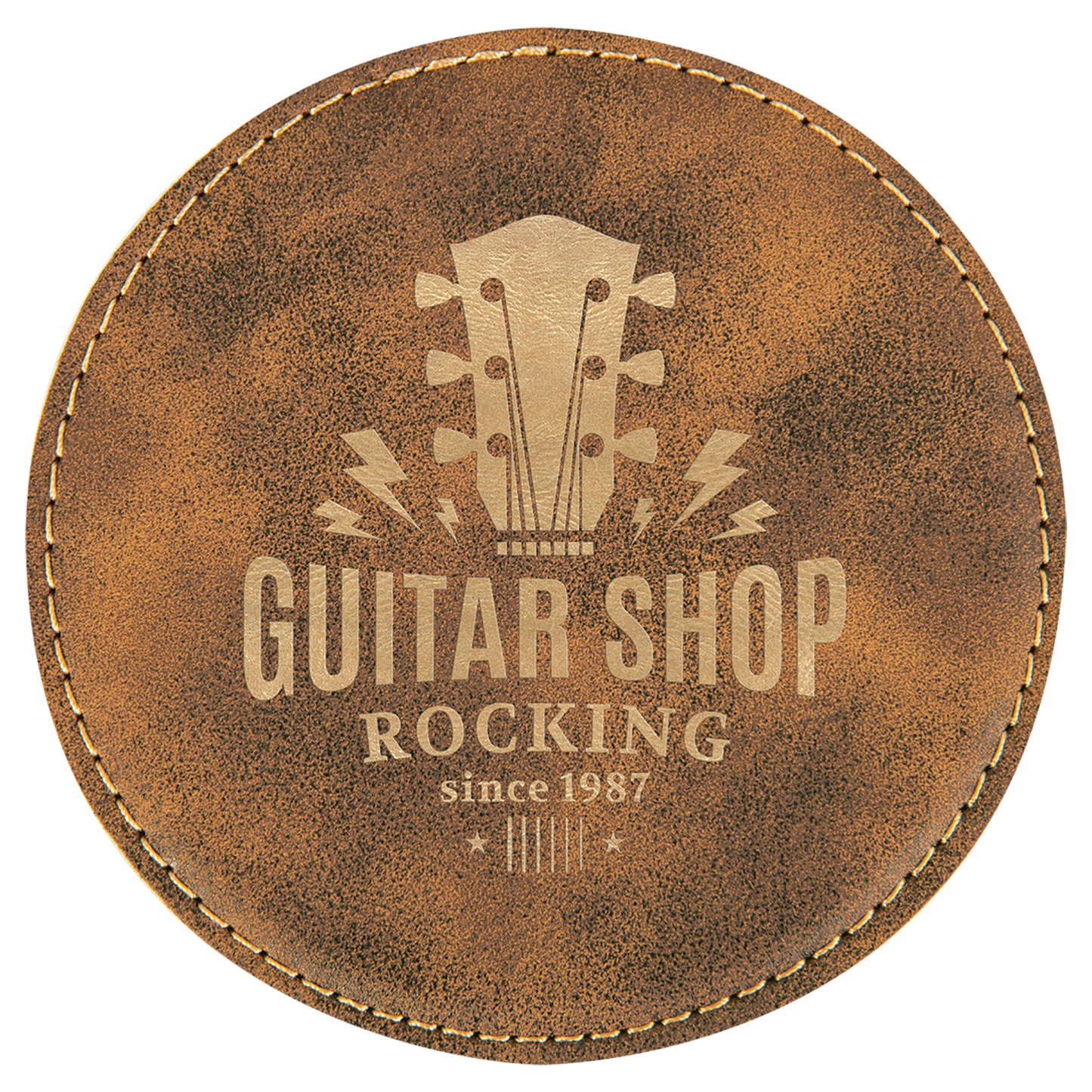 4" Round Rustic/Gold Leatherette Coaster