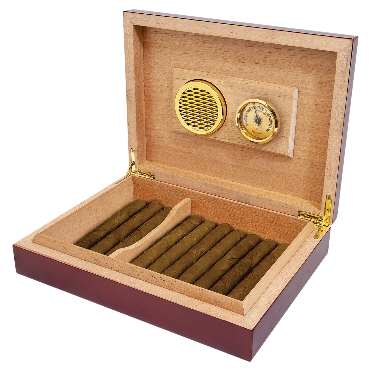 Spanish Cedar Lined Humidor with Divider - Lid Has Hygrometer & Humidifier In Rosewood Piano Finish
