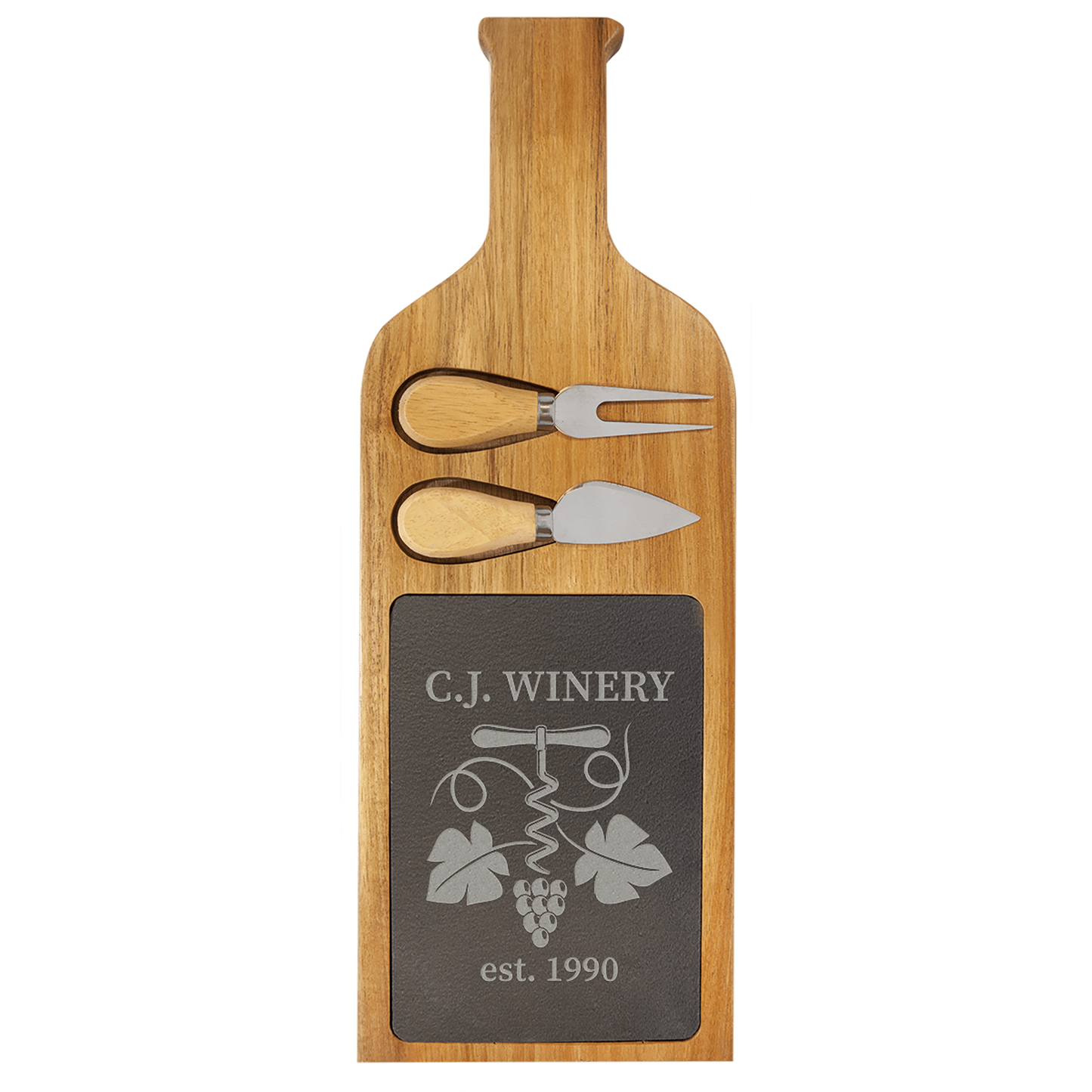 Acacia Wood/Slate Serving Board with Two Tools 17.5" x 6"