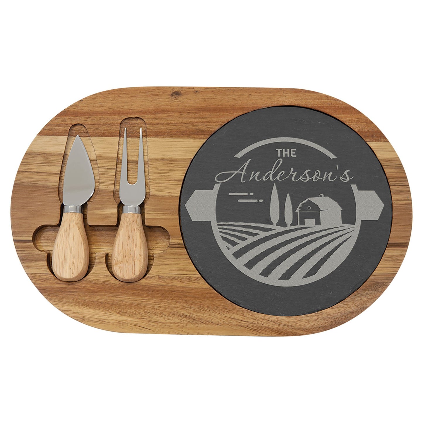 Acacia Wood/Slate Oval Cheese Set with Two Tools 12.5" x 7.75"