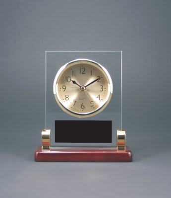 6.5" Rectangle Glass Desk Clock with Metal Posts & Rosewood Piano Finish