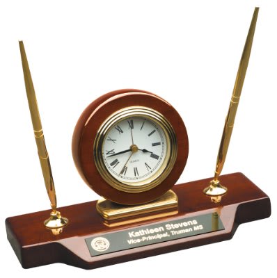 9" x 4.75" Piano Finish Desk Clock On Base with 2 Pens