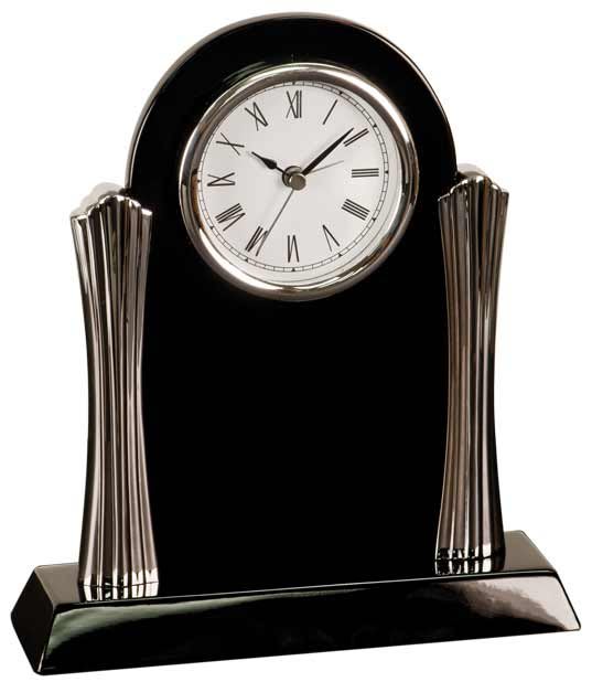 8.25" x 7.5" Black Piano Finish Clock with Silver Columns