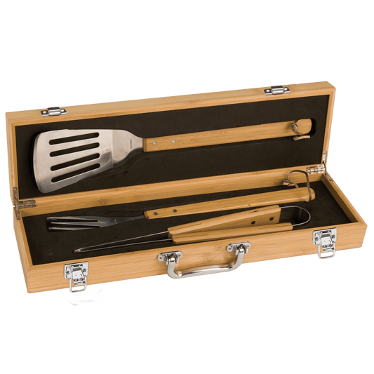 3-Piece Bamboo Bbq Set In Bamboo Case