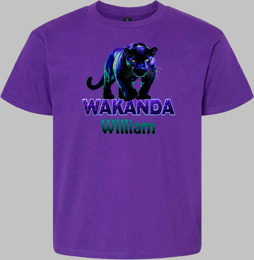 Purple t-shirt with a black panther graphic and 'Wakanda William' text on a gray background