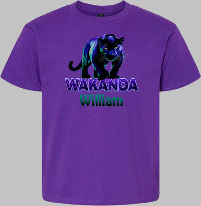 Purple t-shirt with a black panther graphic and 'Wakanda William' text on a gray background