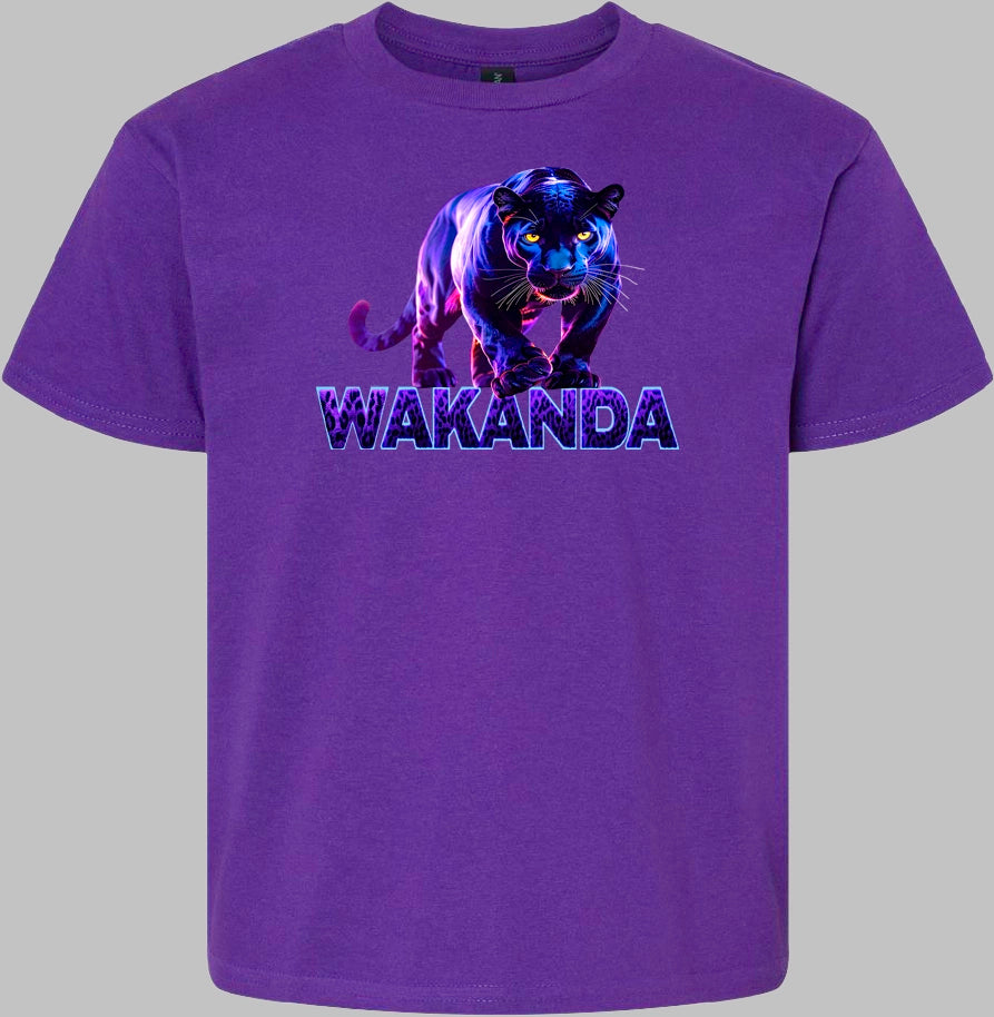 Purple t-shirt with a black panther graphic and 'Wakanda' text on a gray background