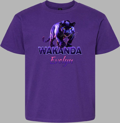 Purple t-shirt with a black panther graphic and 'Wakanda Evelyn' text on a gray background