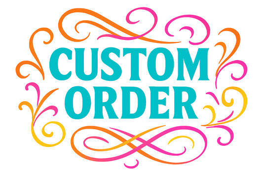 Colorful 'Custom Order' text with decorative swirls on a white background